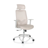 Beige Home Office kontorsstol MIKEO W med nackstöd och vitt femekrad underrede med hjul från hjh OFFICE – 360-gradersvy (snett framifrån 30°)