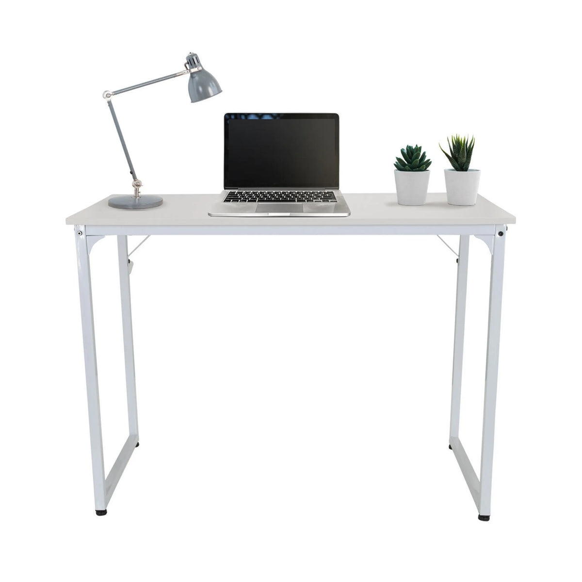 Vitt skrivbord WORKSPACE I i storleken 100 x 50 cm med bärbar dator, lampa och växter från hjh OFFICE