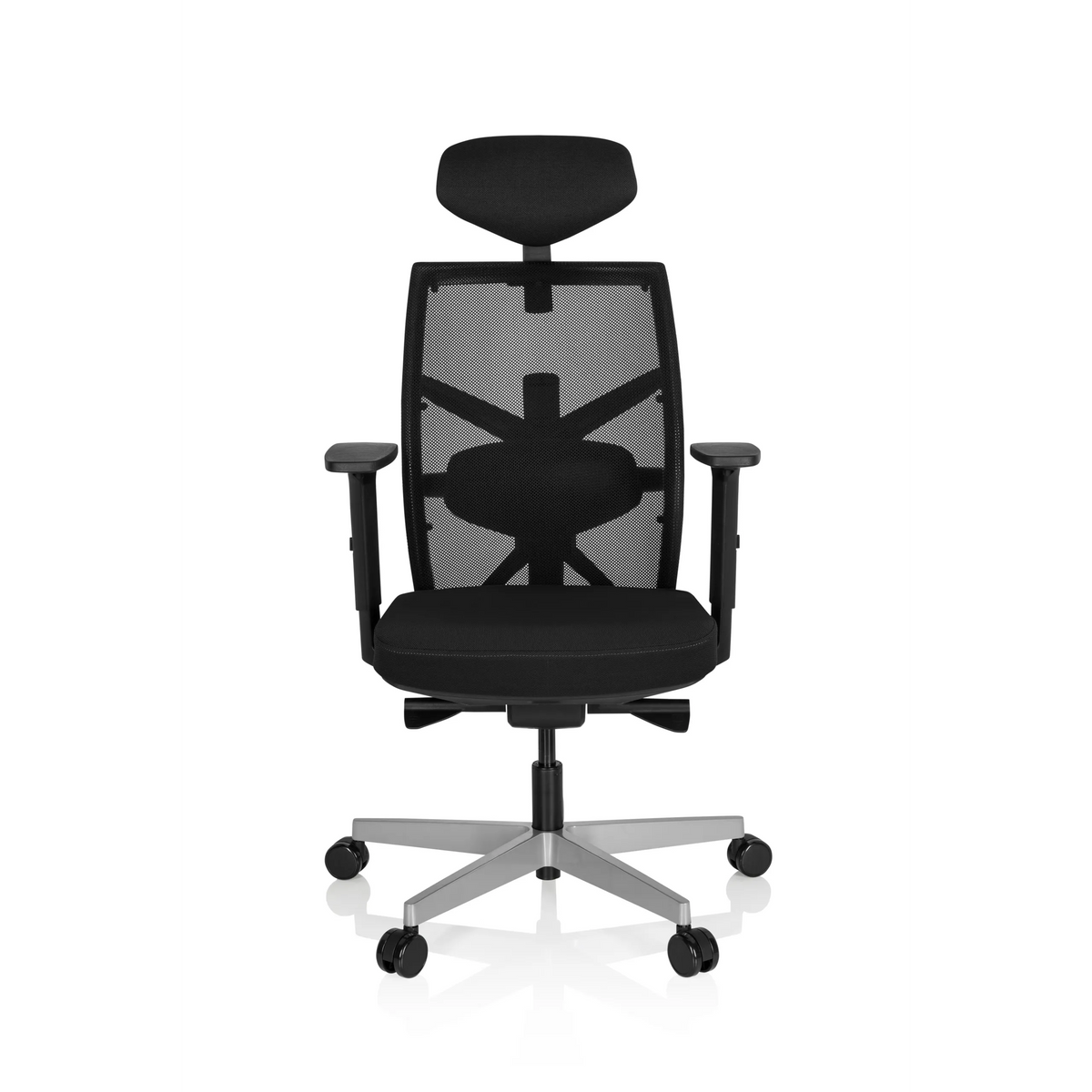 Svart Professionell kontorsstol BELLAC med nätrygg, nackstöd och femhjulig fotkorsbas från hjh OFFICE – 360-gradersvy (framifrån 0°)