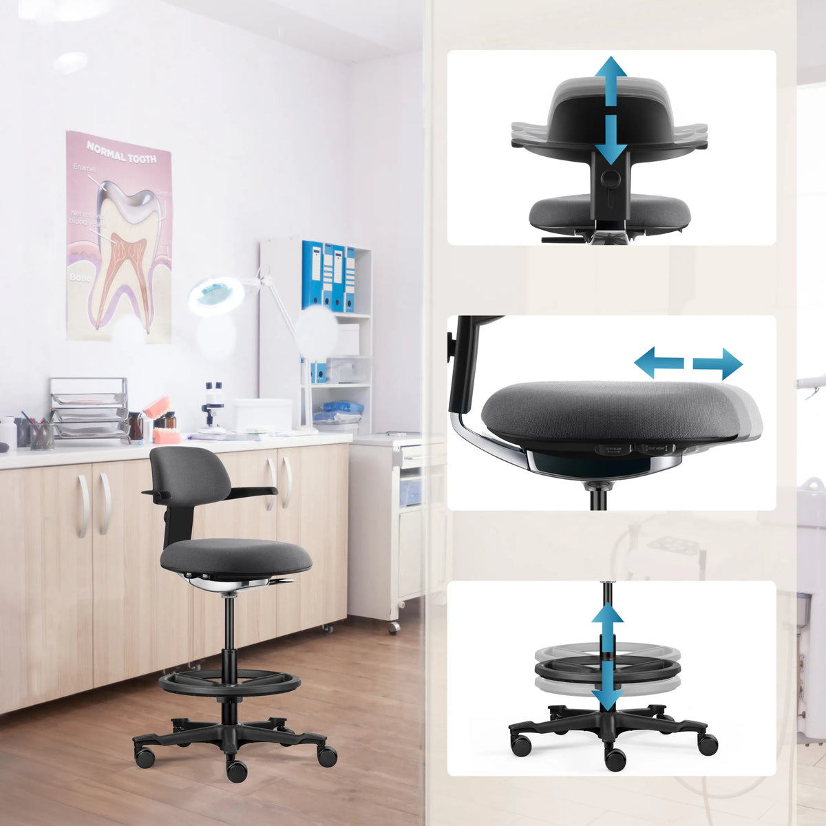 Höjdjusterbart armstöd och sits på arbetsstolen TOP WORK 40 i mörkgrå med fotring från hjh OFFICE