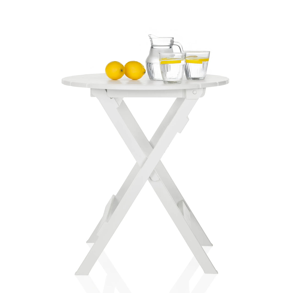 Vitt hopfällbart bord TRAVANO T med rund skiva och X-underrede från hjh LIVING