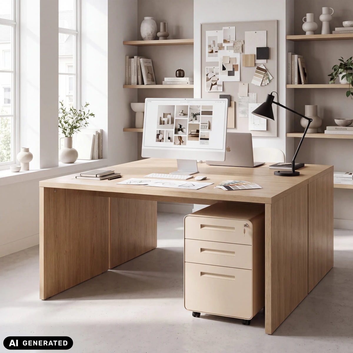 Beige metall COLOR PLUS I rullcontainer med tre lådor under ett skrivbord från hjh OFFICE (AI-genererad bild)