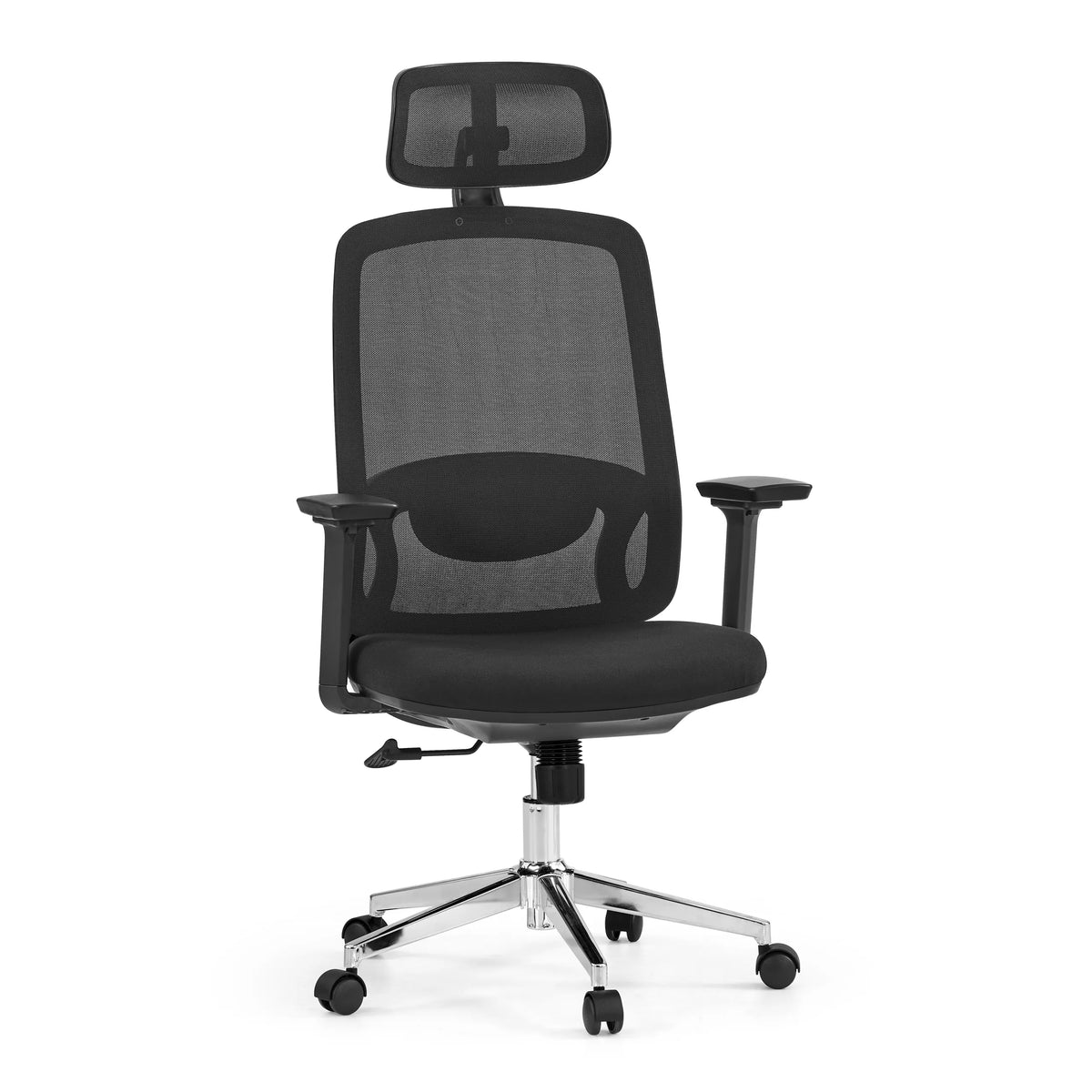 Svart professionell kontorsstol Ergosento med nätrygg, nackstöd och en femstjärnig fotkorsbas med hjul från hjh OFFICE – 360-gradersvy (framifrån 15°)