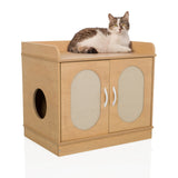 Katthus KITTYHOME 2 i bok-look med två dörrar, sidoningång och en katt på ytan från hjh LIVING