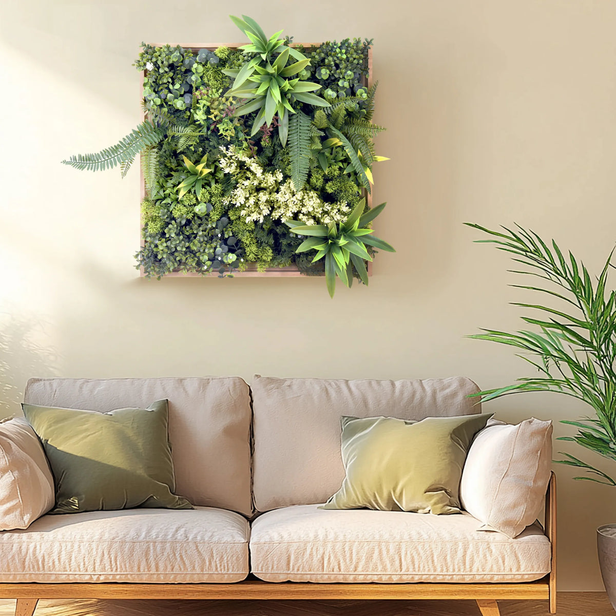 Grön växtmatta LEAFLUXE WALL 1 som kvadratisk väggtavla ovanför en soffa från hjh LIVING