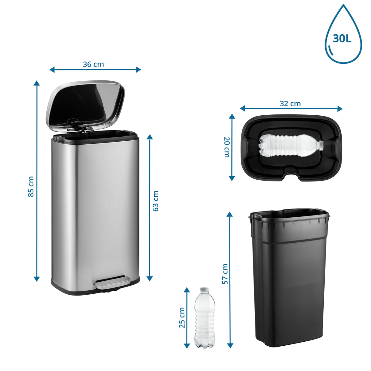 Måttritning av Papperskorg Clean 15 med en höjd på 85 cm och 30 liters volym från hjh OFFICE