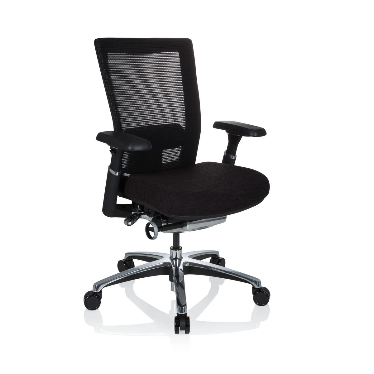 Svart hög kontorsstol NOVA PRO ALU med nätrygg och femhjulig stjärnfot från hjh OFFICE – 360-gradersvy (snett framifrån 40°)