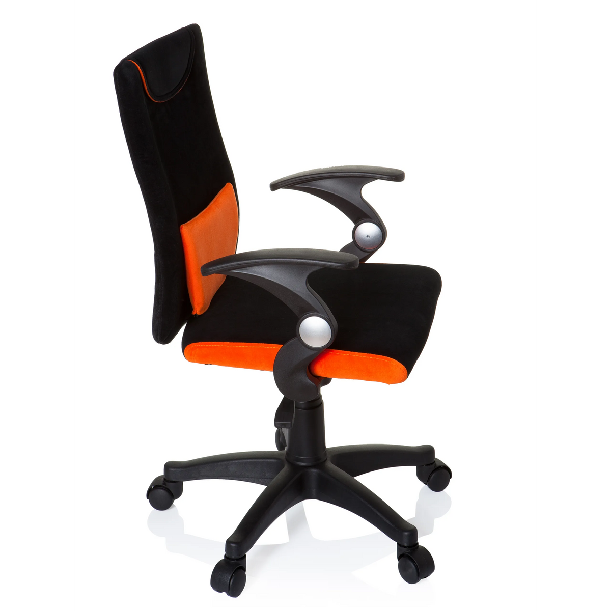Svart-orange Snurrstol för barn KIDDY PRO AL med ländkudde och femhjulig fotkorsbas från hjh OFFICE – 360-gradersvy (sidoprofil 80°)