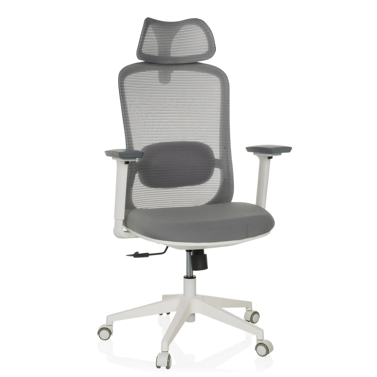 Grå Professionell kontorsstol MIKEO G med nätrygg, nackstöd och femhjulig fotkorsbas från hjh OFFICE – 360-gradersvy (framifrån 15°)