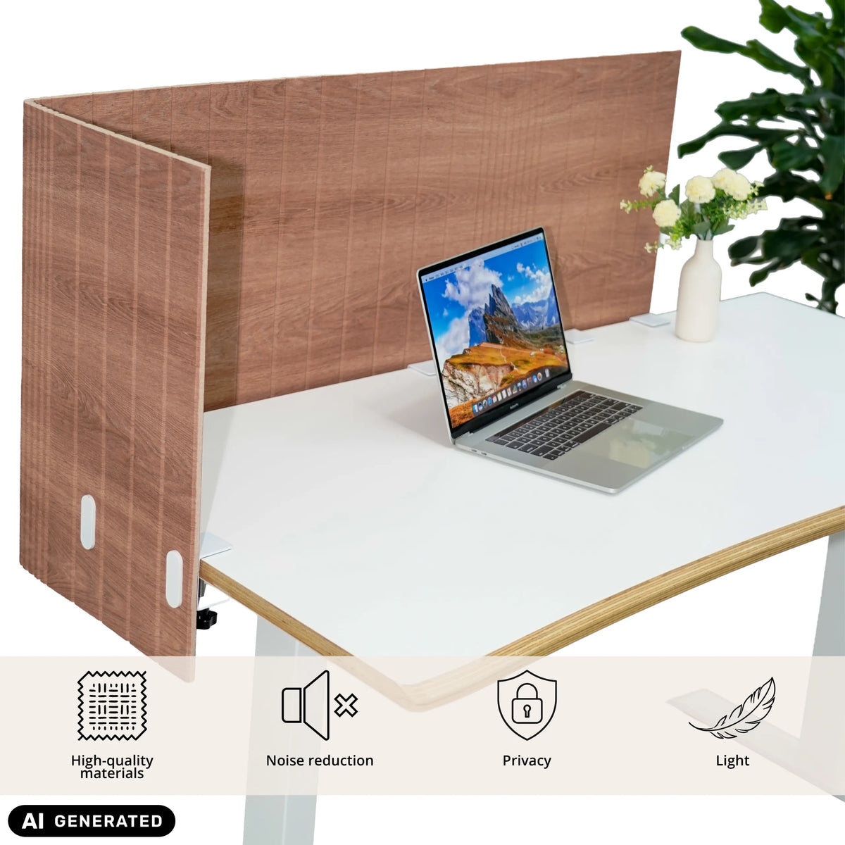 Brun bordsskärmvägg FLEXMIUT ROLL W med L-form på ett vitt skrivbord från hjh OFFICE
