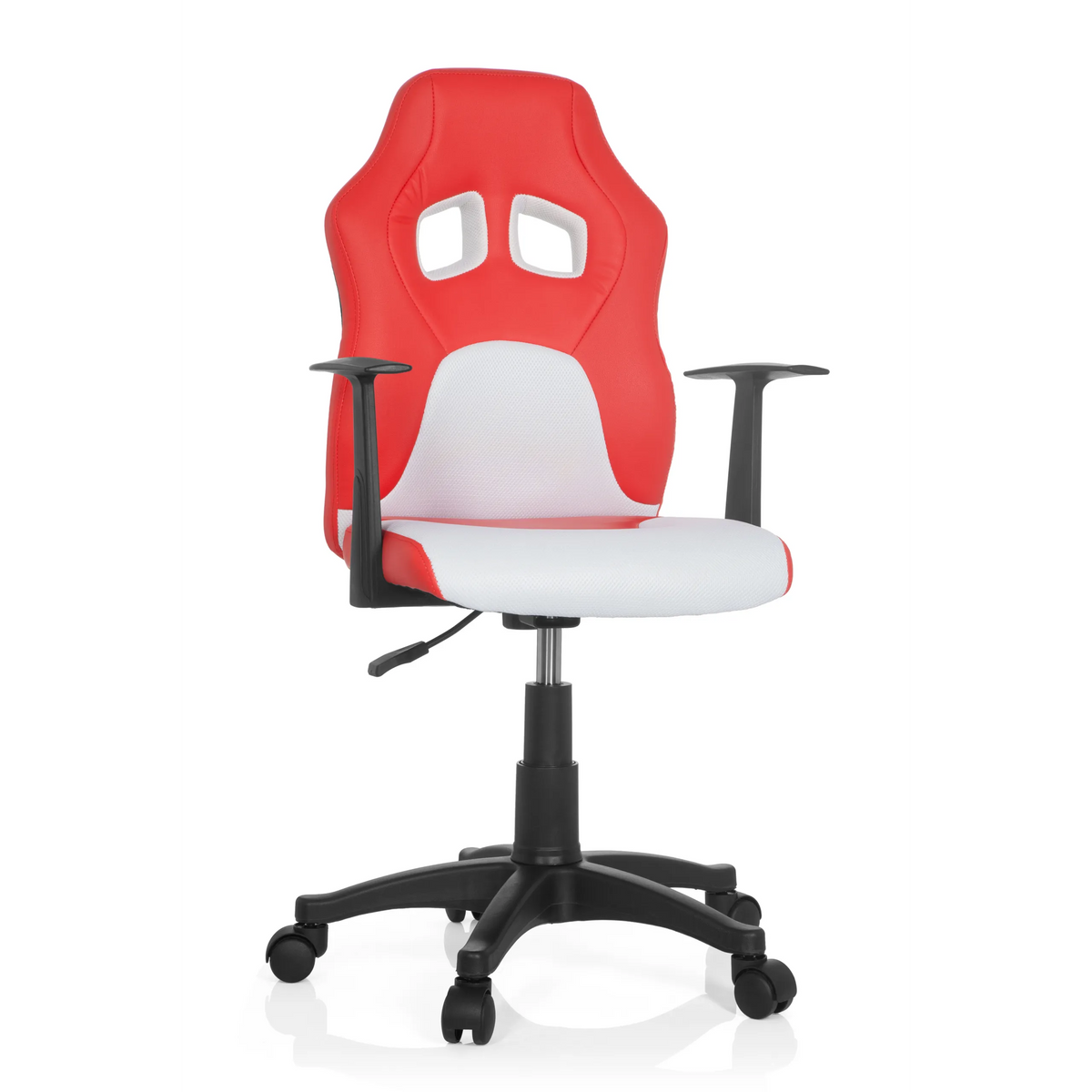 Rödvit TEEN GAME AL snurrstol för barn med armstöd och svart femstjärnigt fotkryss med hjul från hjh OFFICE – 360-gradersvy (framifrån 20°)