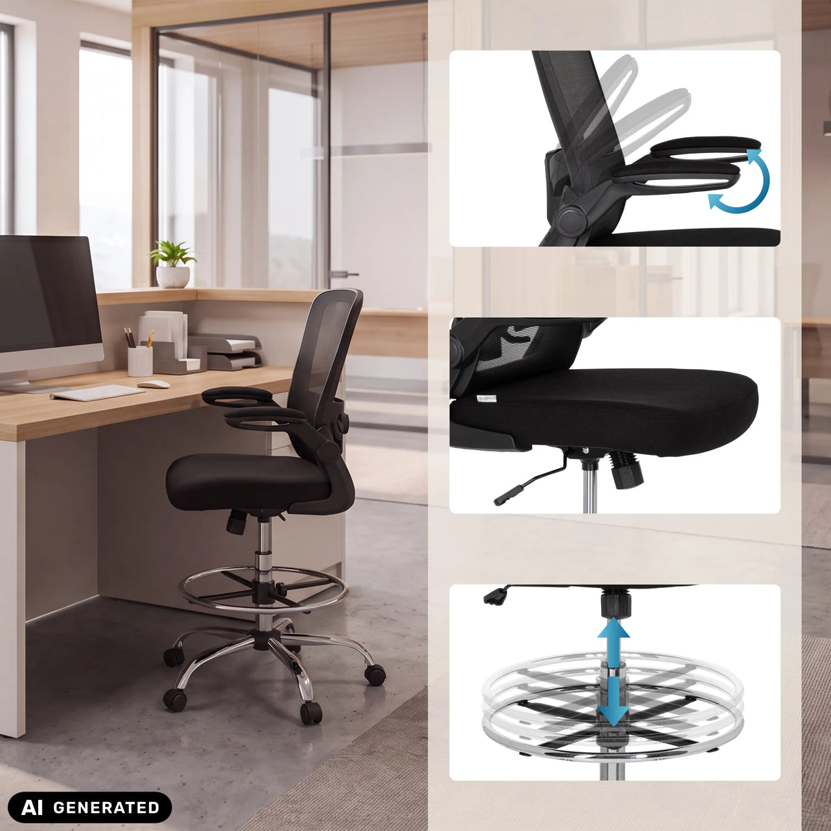 Bardiskstol VENDO WORK i svart med fotring och svängbara armstöd från hjh OFFICE (AI-genererad bild)