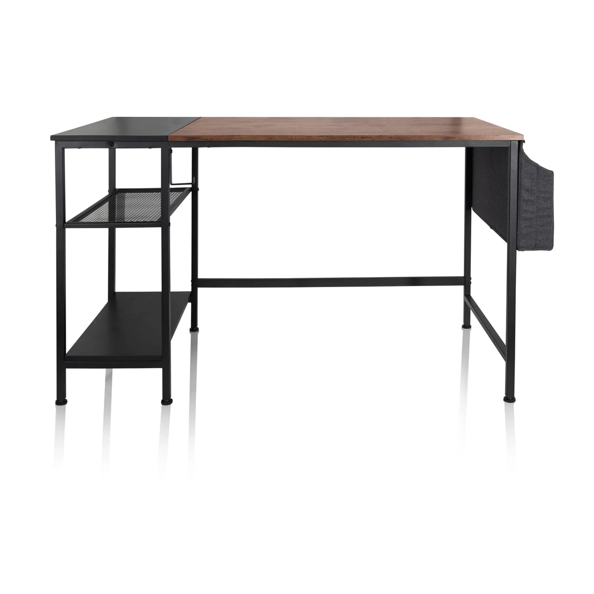 Skrivbord WORKSPACE H I i svart och brunt med två hyllor och en tygpåse på sidan från hjh OFFICE – 360-gradersvy (framifrån 0°)