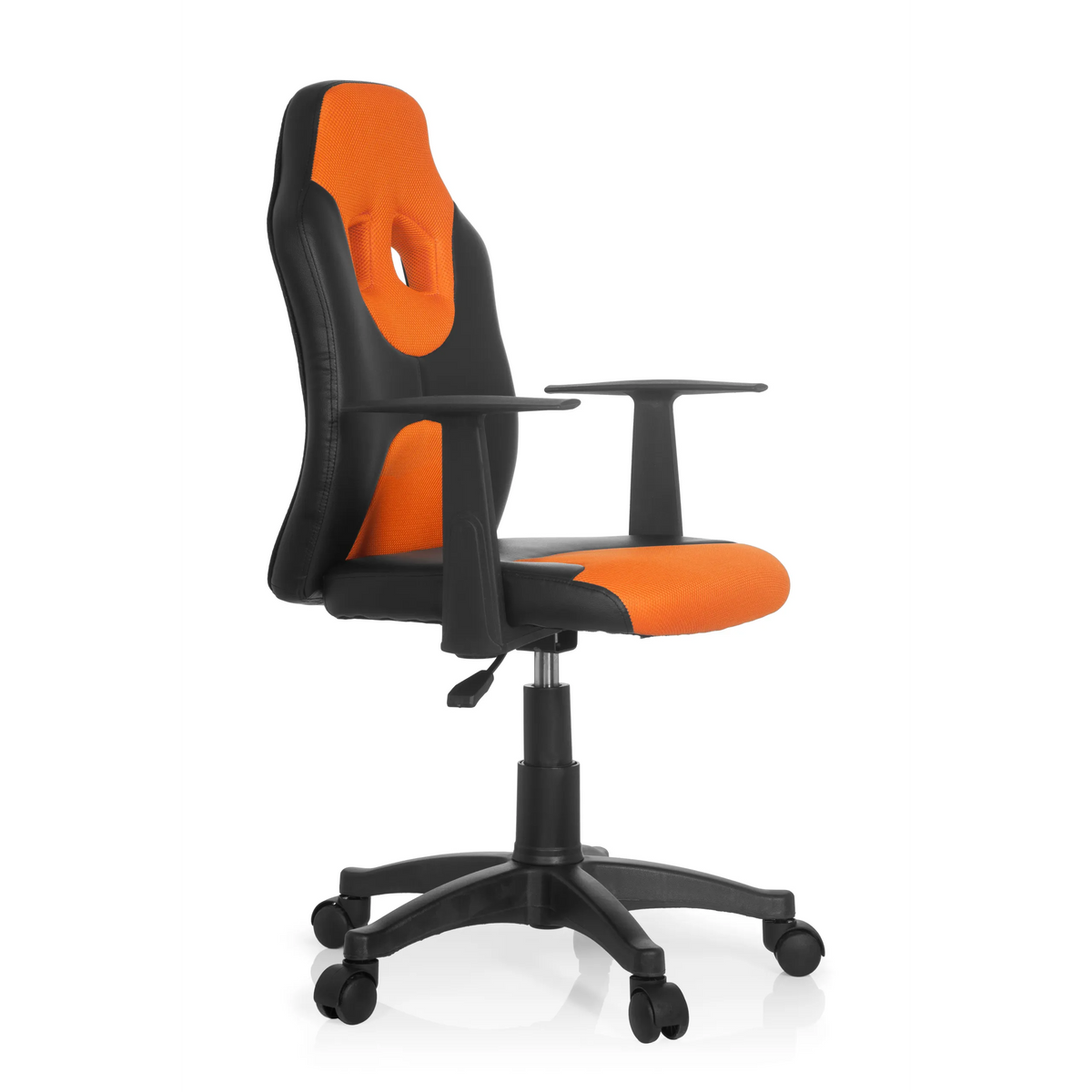 Svart-orange Snurrstol för barn KID GAME AL med nätrygg och femhjulig fotkorsbas från hjh OFFICE – 360-gradersvy (snett framifrån 60°)