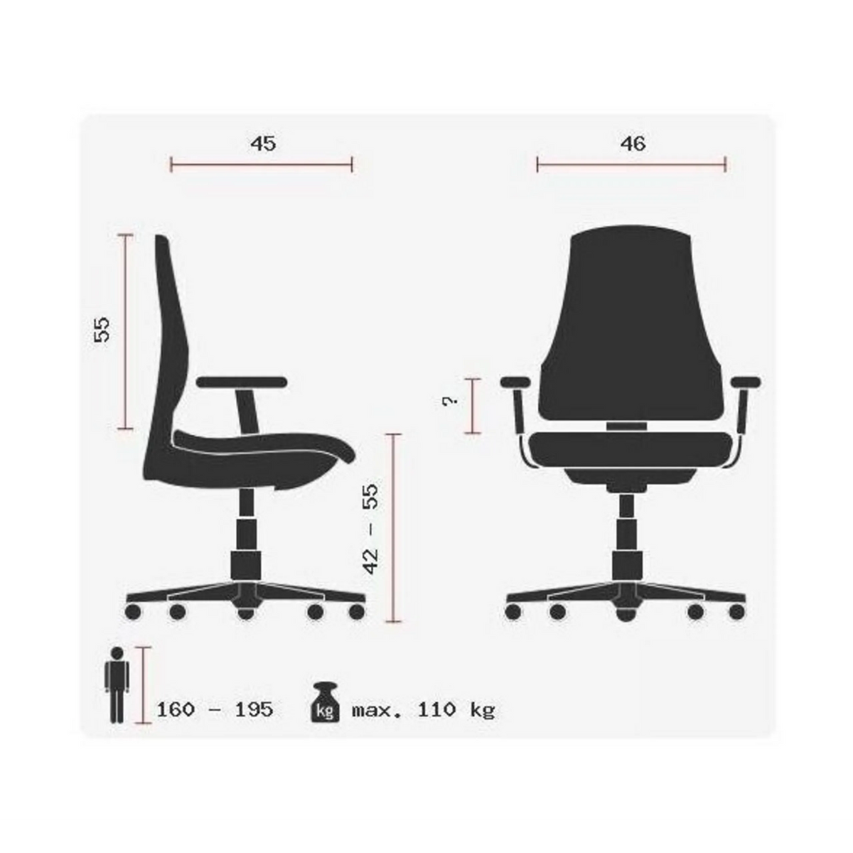 Technische Zeichnung des Homeoffice-Bürostuhls TRENDY SY mit einer maximalen Belastbarkeit von 110 kg von Topstar