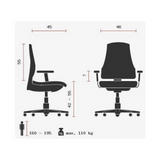 Technische Zeichnung des Homeoffice-Bürostuhls TRENDY SY mit einer maximalen Belastbarkeit von 110 kg von Topstar