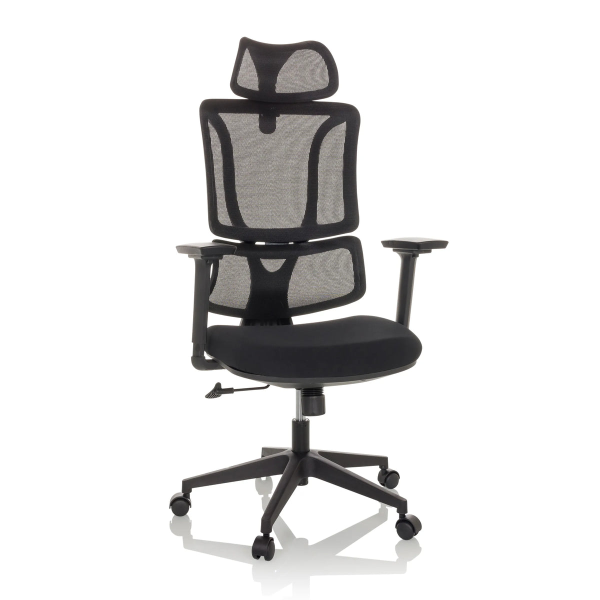 Svart Home Office kontorsstol ERGOMY med nätrygg och femstjärnig fotkorsbas med hjul från MyBuero – 360-gradersvy (framifrån 15°)