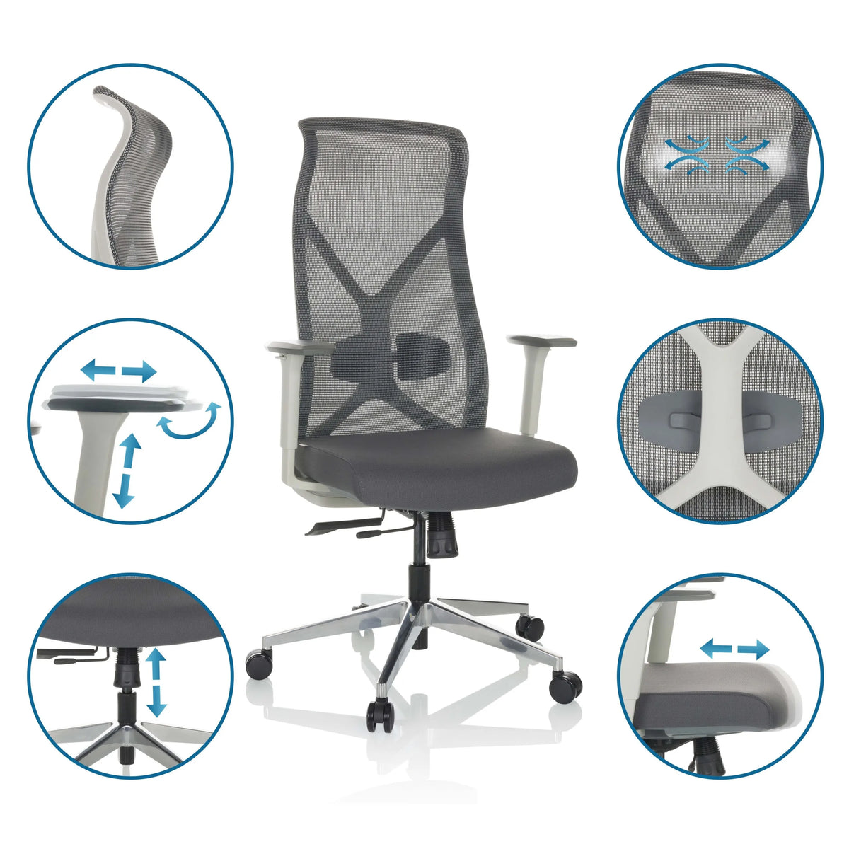 Professionell kontorsstol AZURRO WHITE i grått med olika detaljvyer av inställningsmöjligheterna från hjh OFFICE