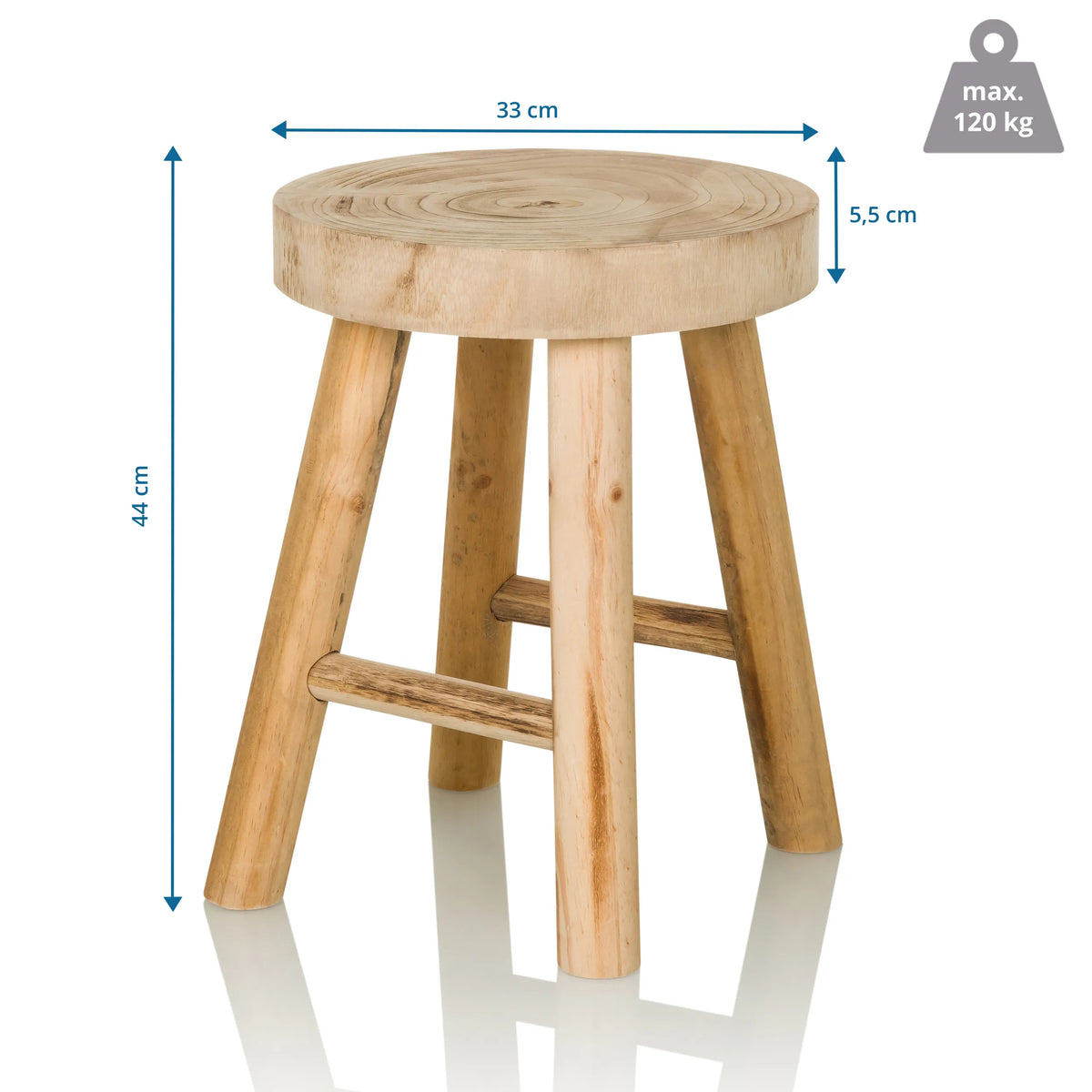 Maßansicht des Sitzhockers RUSTIKO W mit 44 cm Höhe und 33 cm Durchmesser von hjh LIVING