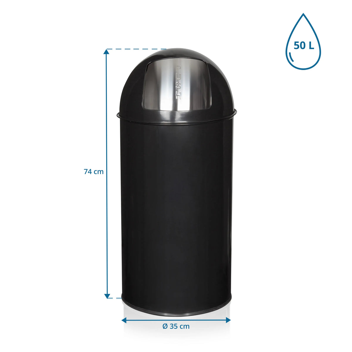 Måttvy av Papperskorg PUSH 50L med en höjd på 74 cm och en diameter på 35 cm från hjh OFFICE