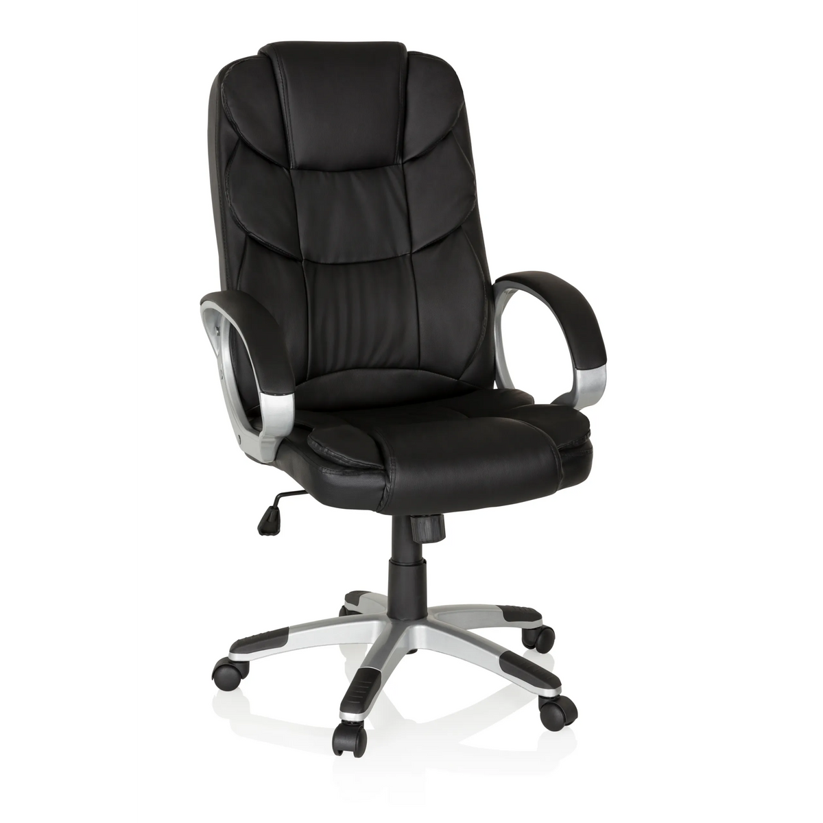 Svart Home Office chefsfåtölj RELAX BY155 med armstöd och femhjulig fotkorsbas från MyBuero – 360-gradersvy (framifrån 20°)