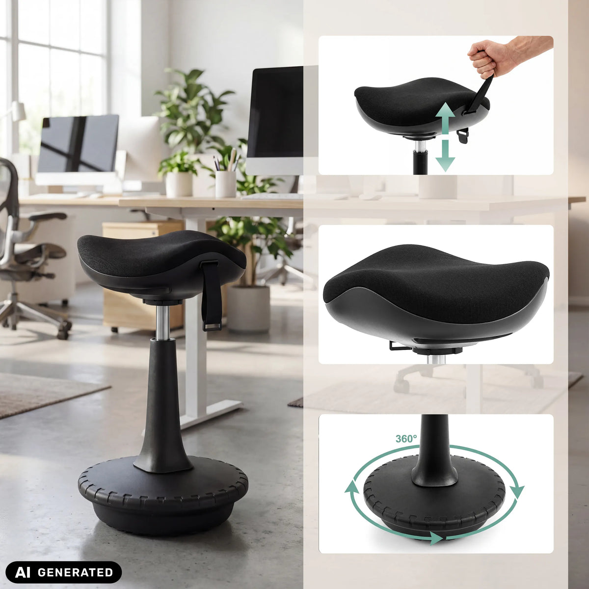 Höjdjusterbar sits och 360-graders svängbar fot på ståstolen Balance Sit Ergo från hjh OFFICE (AI-genererad bild)