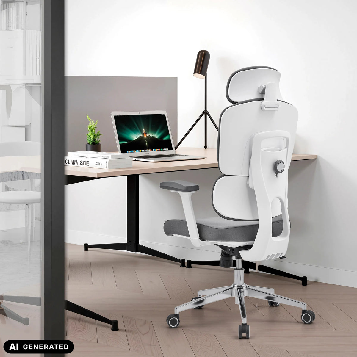 Professionell kontorsstol Ergomy WF 2 i grått med vit ram och nackstöd från hjh OFFICE (AI-genererad bild)