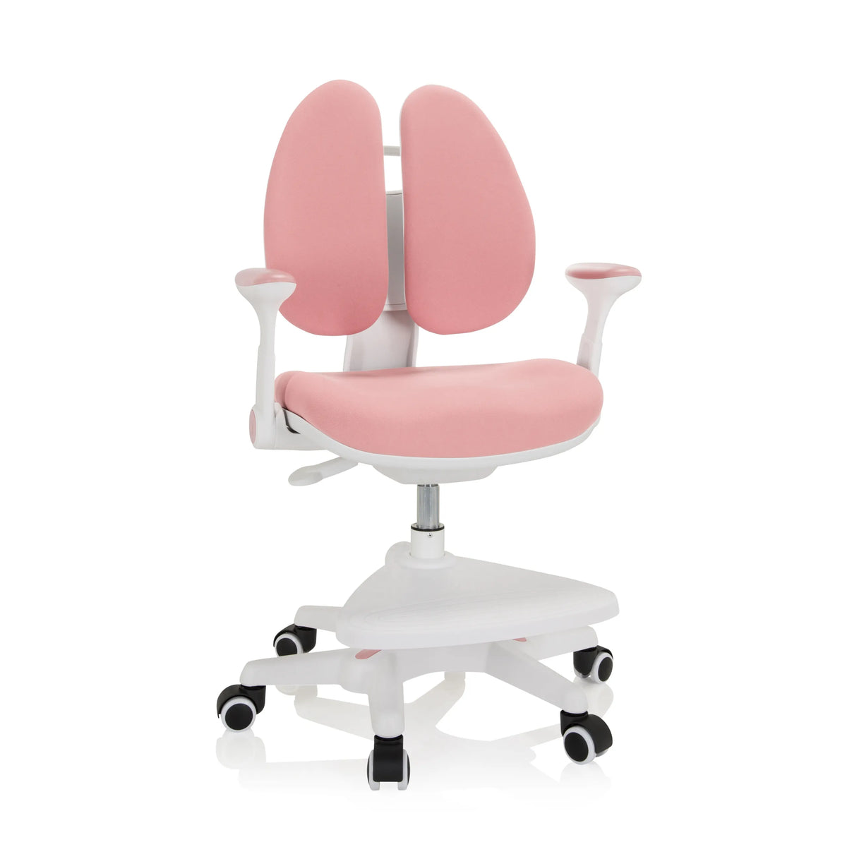 Rosa barnstol KID WING med delat ryggstöd och vitt femstjärnigt underrede med hjul från hjh OFFICE – 360-gradersvy (framifrån 20°)