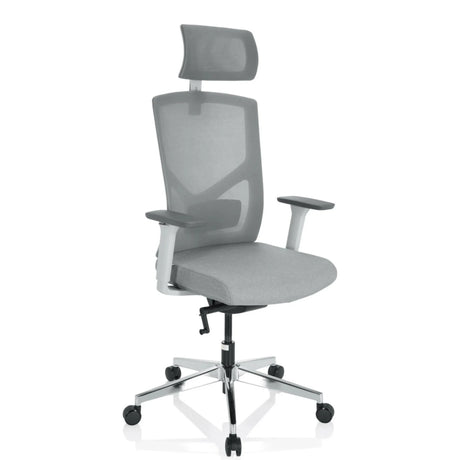 Professionell kontorsstol BRETON PRO W i grått med nätrygg, nackstöd och silverfärgad stjärnfot från hjh OFFICE