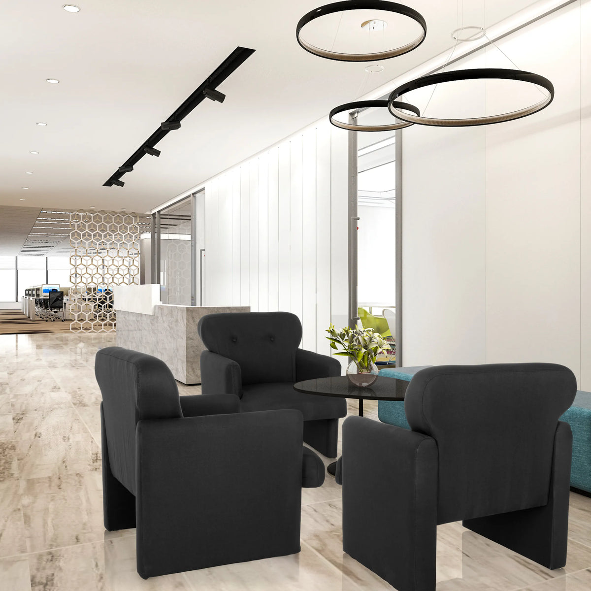 Tre svarta CARIPITO loungefåtöljer med tygklädsel i en modern kontorsmiljö från hjh LIVING