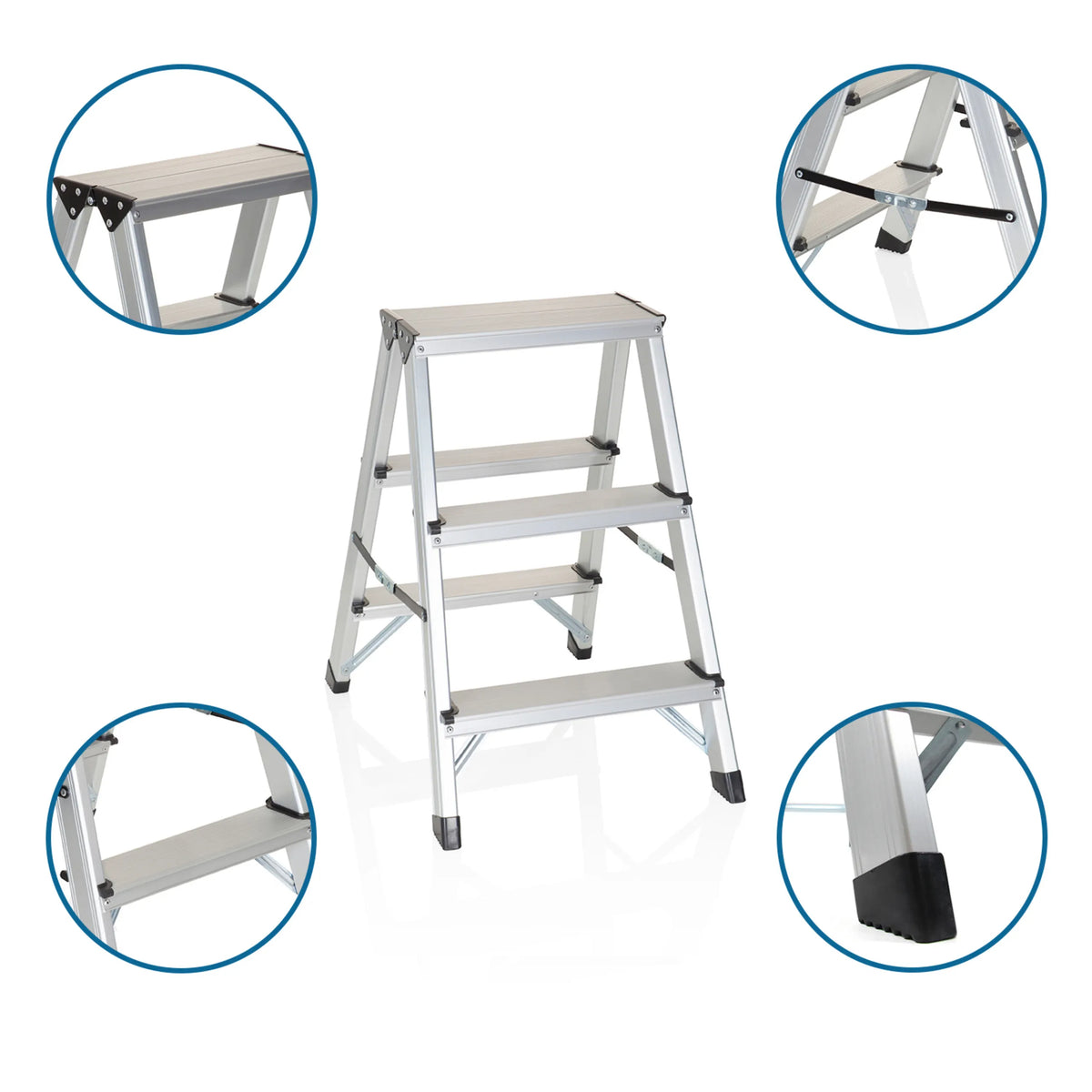 Fällbar stege i aluminium SOLID med tre steg samt detaljbilder av leder och halkfria fötter från hjh OFFICE