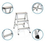Fällbar stege i aluminium SOLID med tre steg samt detaljbilder av leder och halkfria fötter från hjh OFFICE