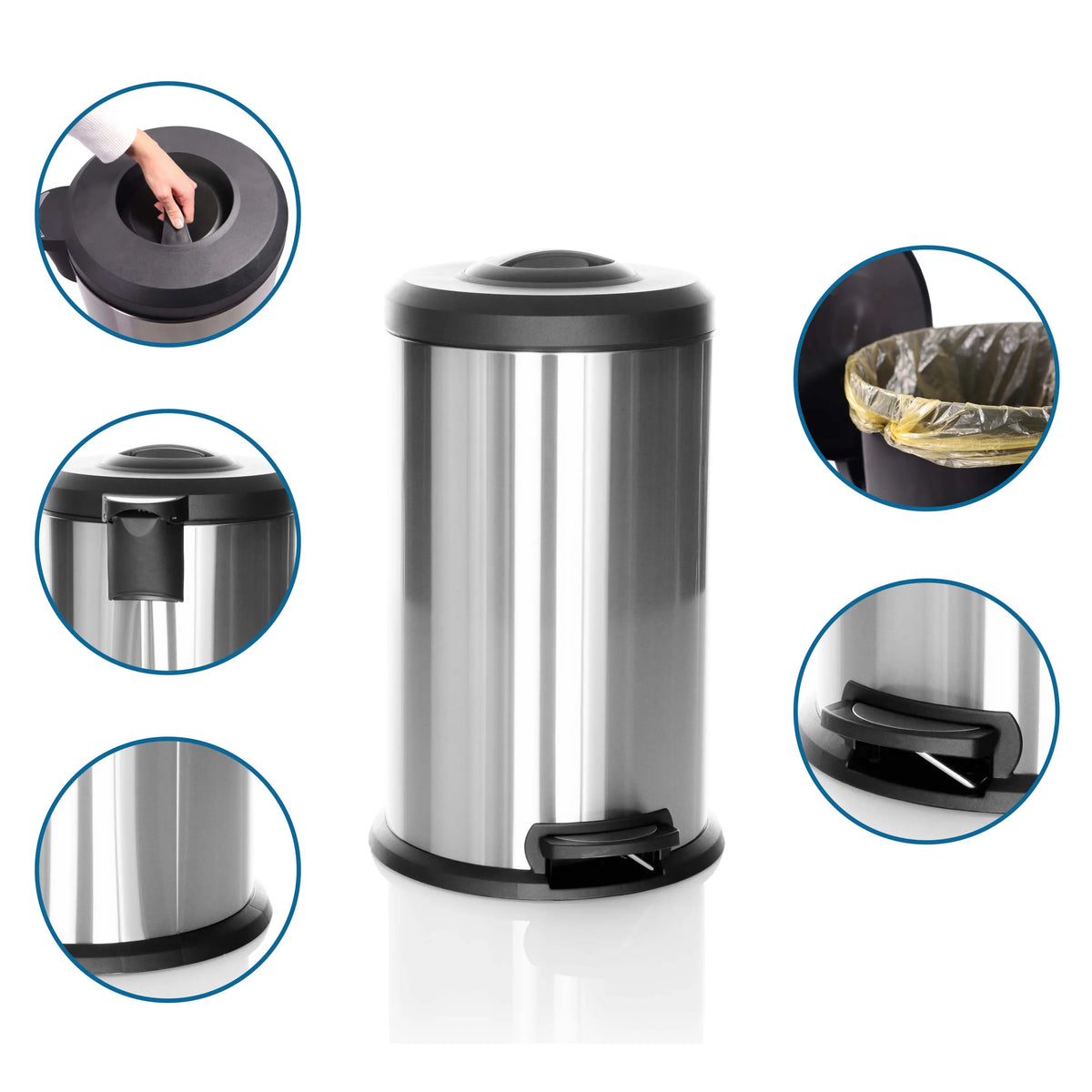 Papperskorg CLEAN X i silver med fotpedal, avtagbart lock och plastpåse från hjh OFFICE