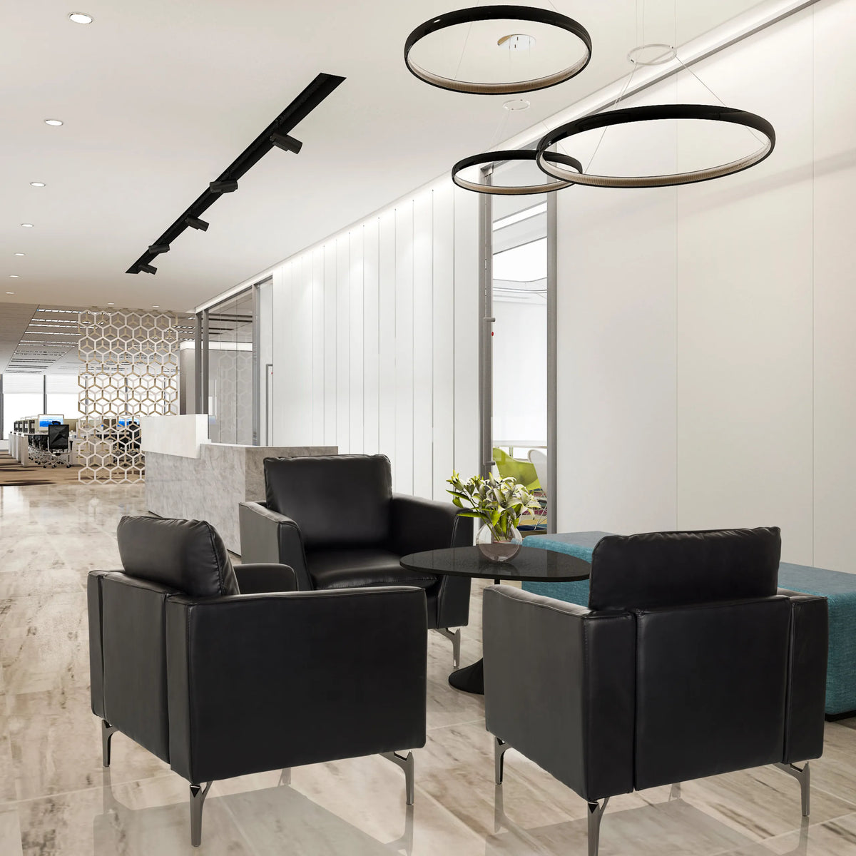 Tre svarta BAVERO Loungefåtöljer i konstläder i en modern kontorslounge från hjh OFFICE