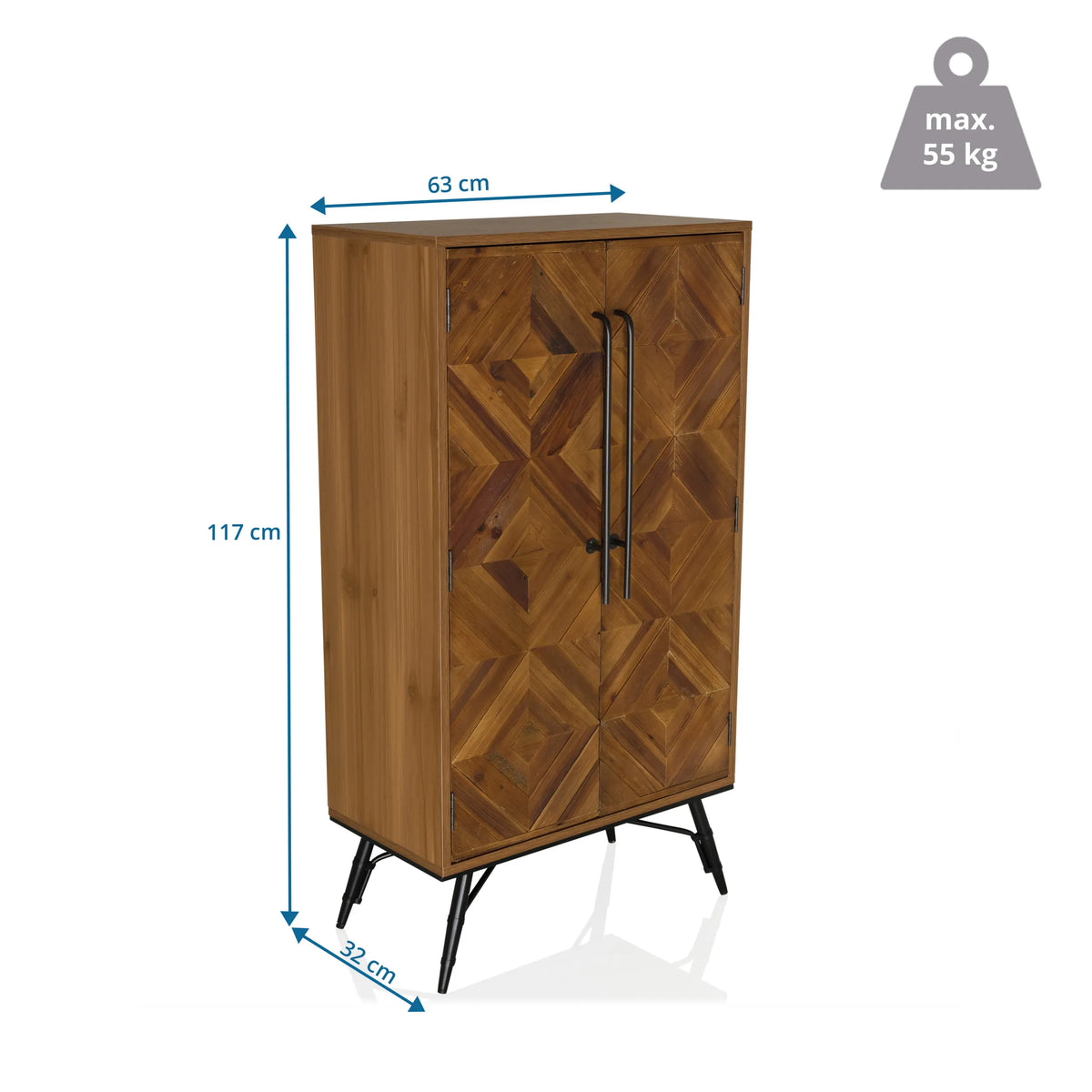 Måttskiss av Byrå SANTJAGO WOOD HIGH med 117 × 63 cm och maximal belastning 55 kg från hjh LIVING