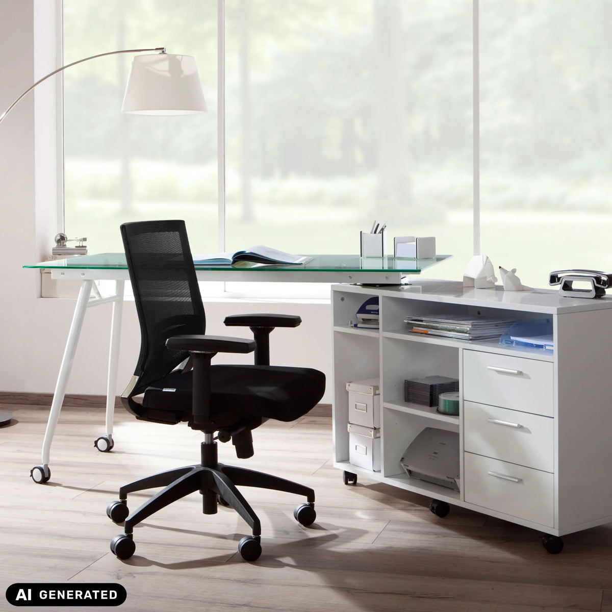 Professionell kontorsstol PORTO BASE i svart med nätryggstöd och armstöd från hjh OFFICE (AI-genererad bild)