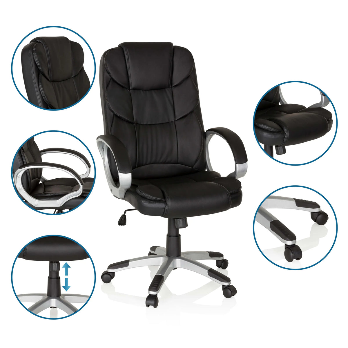 Svart Home Office chefsfåtölj RELAX BY155 med detaljvyer av armstöd, fotkors och gasfjäder från MyBuero