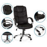 Svart Home Office chefsfåtölj RELAX BY155 med detaljvyer av armstöd, fotkors och gasfjäder från MyBuero