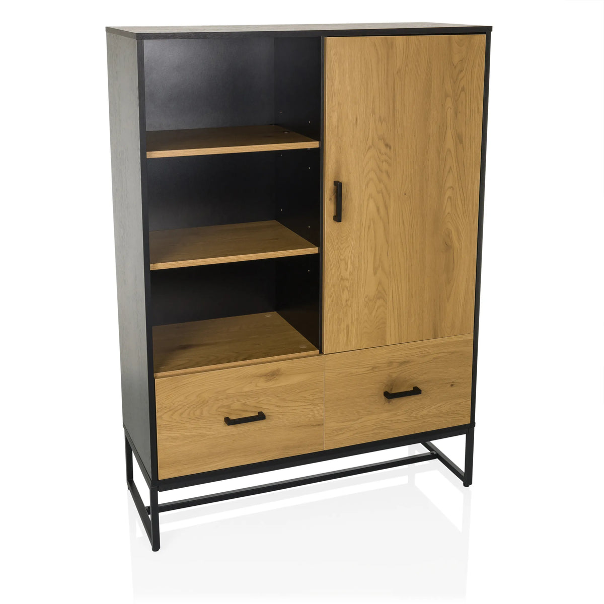 Svart ekfärgat kontorsskåp AMIO H med två lådor, en dörr och öppna hyllfack från hjh LIVING – 360-gradersvy (framifrån 15°)