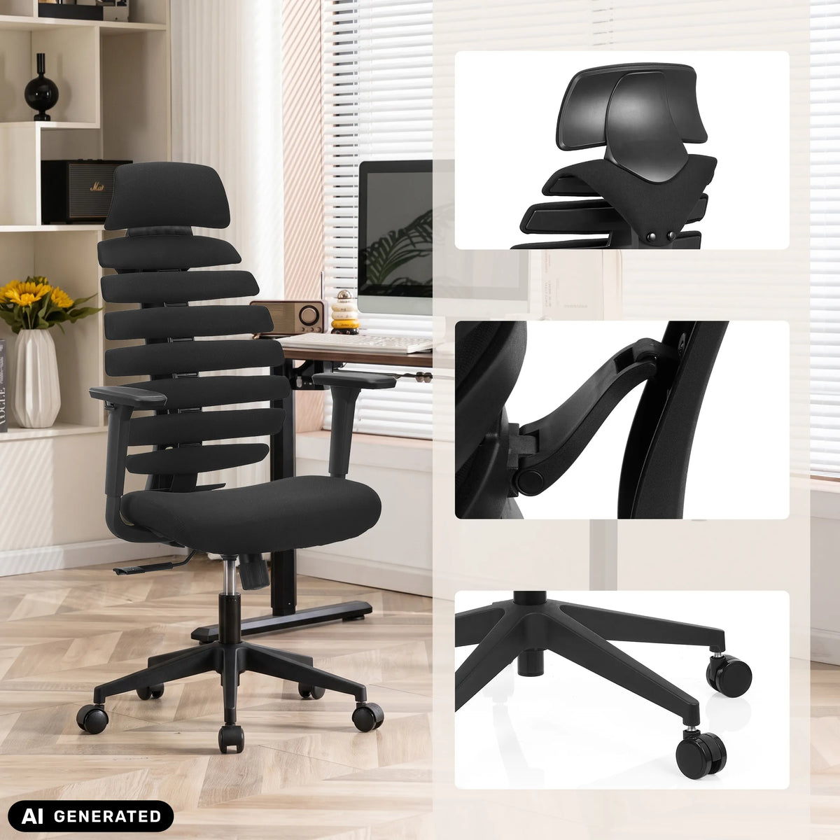 Svart professionell kontorsstol ERGO LINE ECO med detaljvyer från hjh OFFICE (AI-genererad bild)