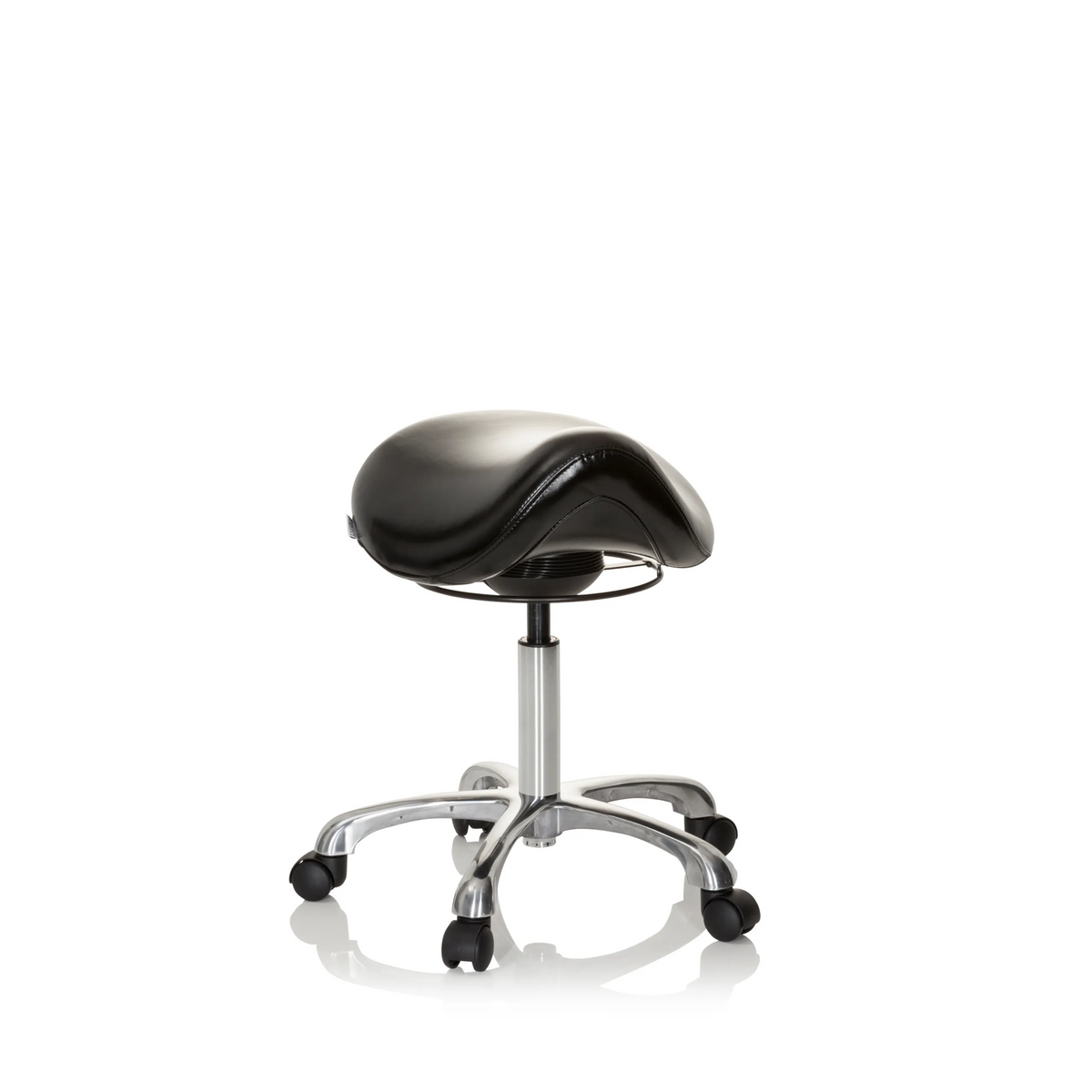 Svart Sadelpall ORTHO SIT med fotkors och fem hjul från hjh OFFICE – 360-gradersvy (framifrån 20°)