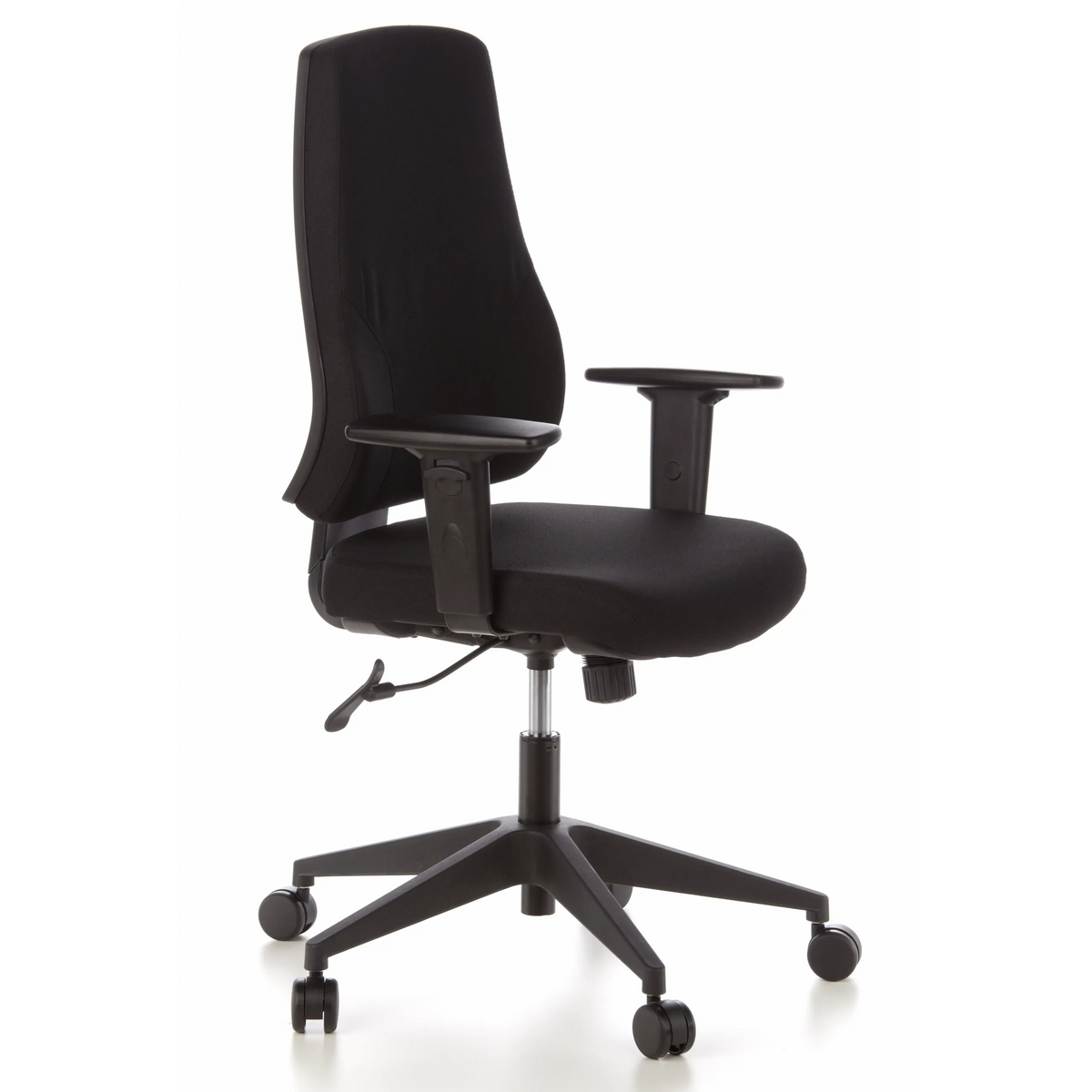 Svart Professionell kontorsstol PRO-TEC 100 med armstöd och femhjulig stjärnfot från hjh OFFICE – 360-gradersvy (snett framifrån 60°)