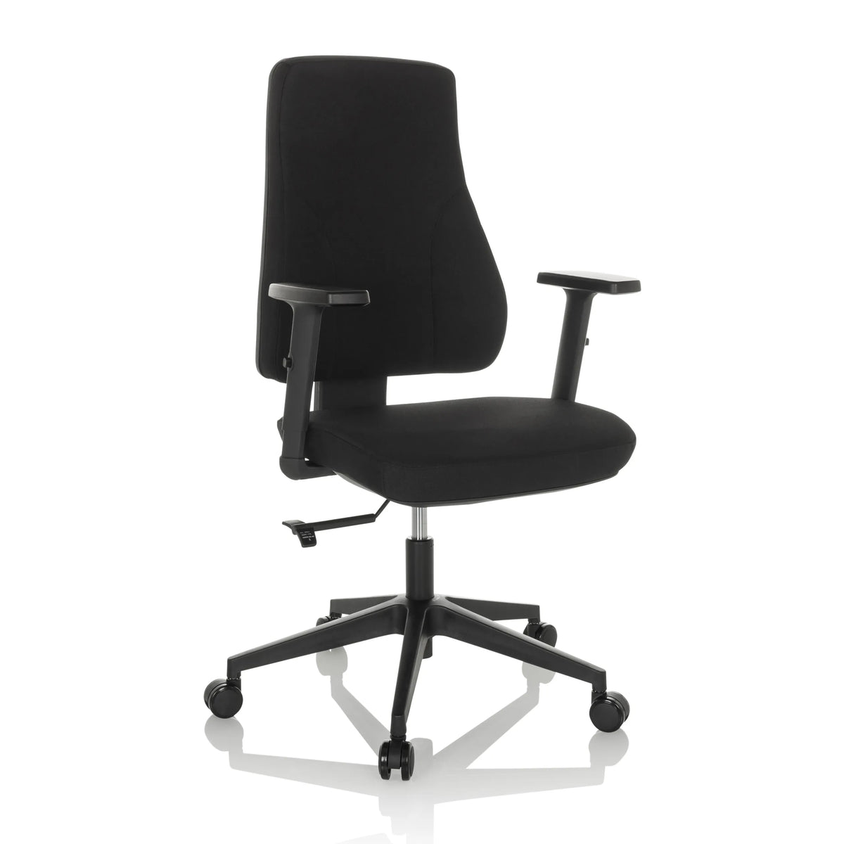Svart Professionell kontorsstol MATHES med armstöd och femhjulig fotkorsbas från hjh OFFICE – 360-gradersvy (snett framifrån 30°)