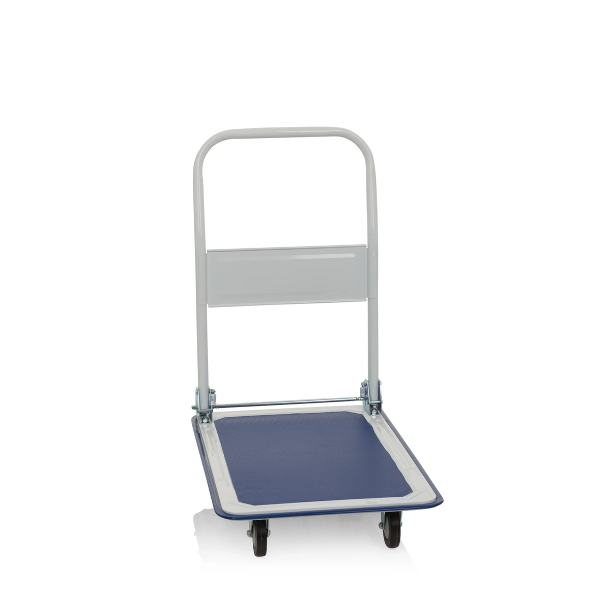 Blau-weißer Plattformwagen CARRY mit klappbarem Griff und vier Rollen von hjh OFFICE – 360-Grad-Ansicht (schräge Frontansicht 60°)