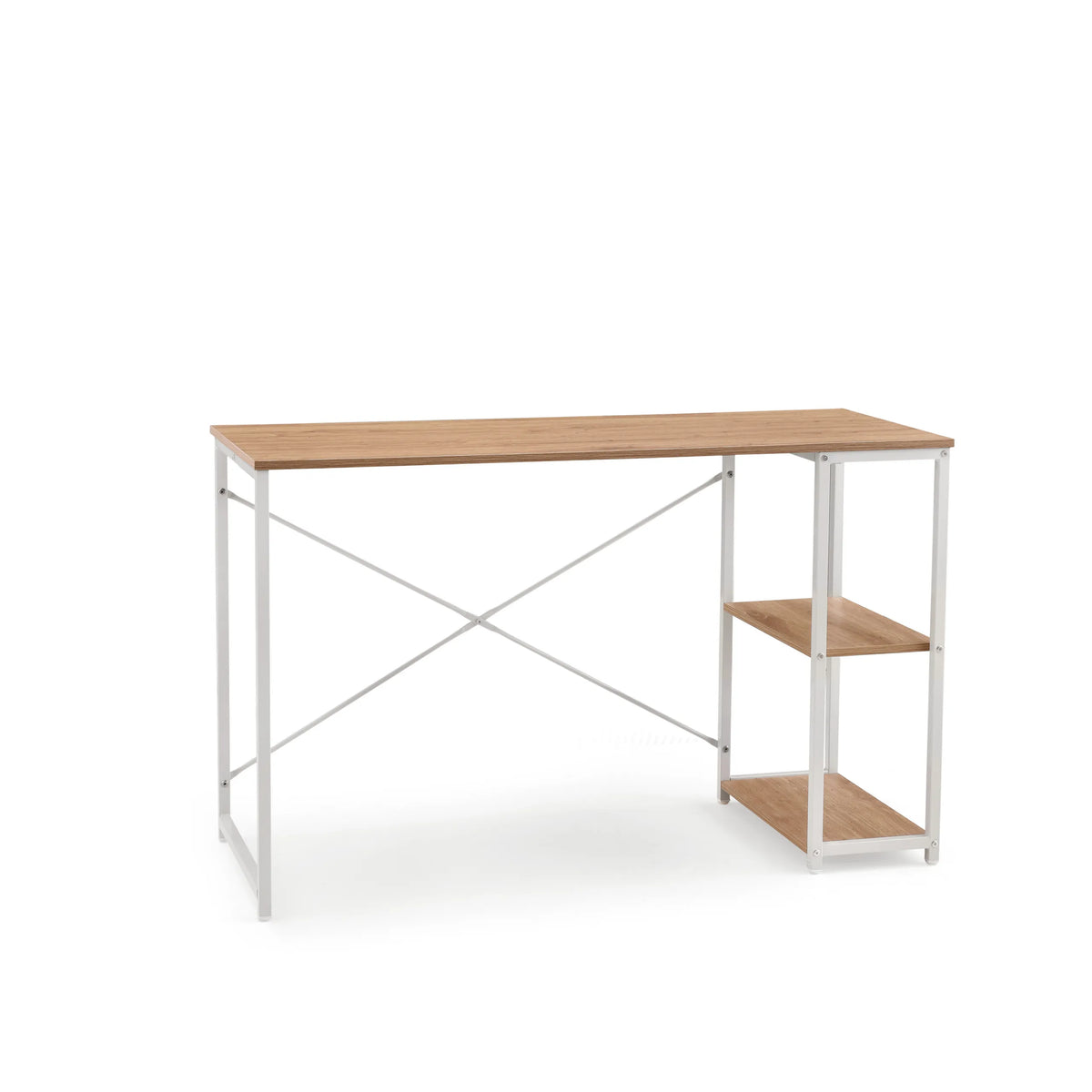 Skrivbord Easy Up2 i vitt och ek med integrerad hylla och X-stag från hjh LIVING – 360-gradersvy (framifrån 15°)