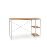 Skrivbord Easy Up2 i vitt och ek med integrerad hylla och X-stag från hjh LIVING – 360-gradersvy (framifrån 15°)