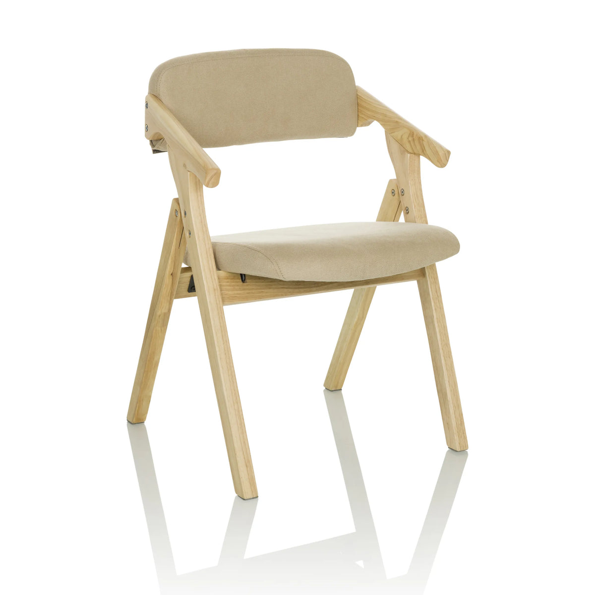 Beige hopfällbar stol SCANDIO med armstöd och trästomme från hjh OFFICE – 360-gradersvy (snett framifrån 30°)