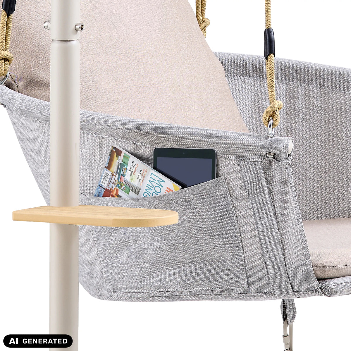 Sidficka med surfplatta och tidning på Skylo hängstol inklusive ett litet sidobord från hjh LIVING (AI-genererad bild)