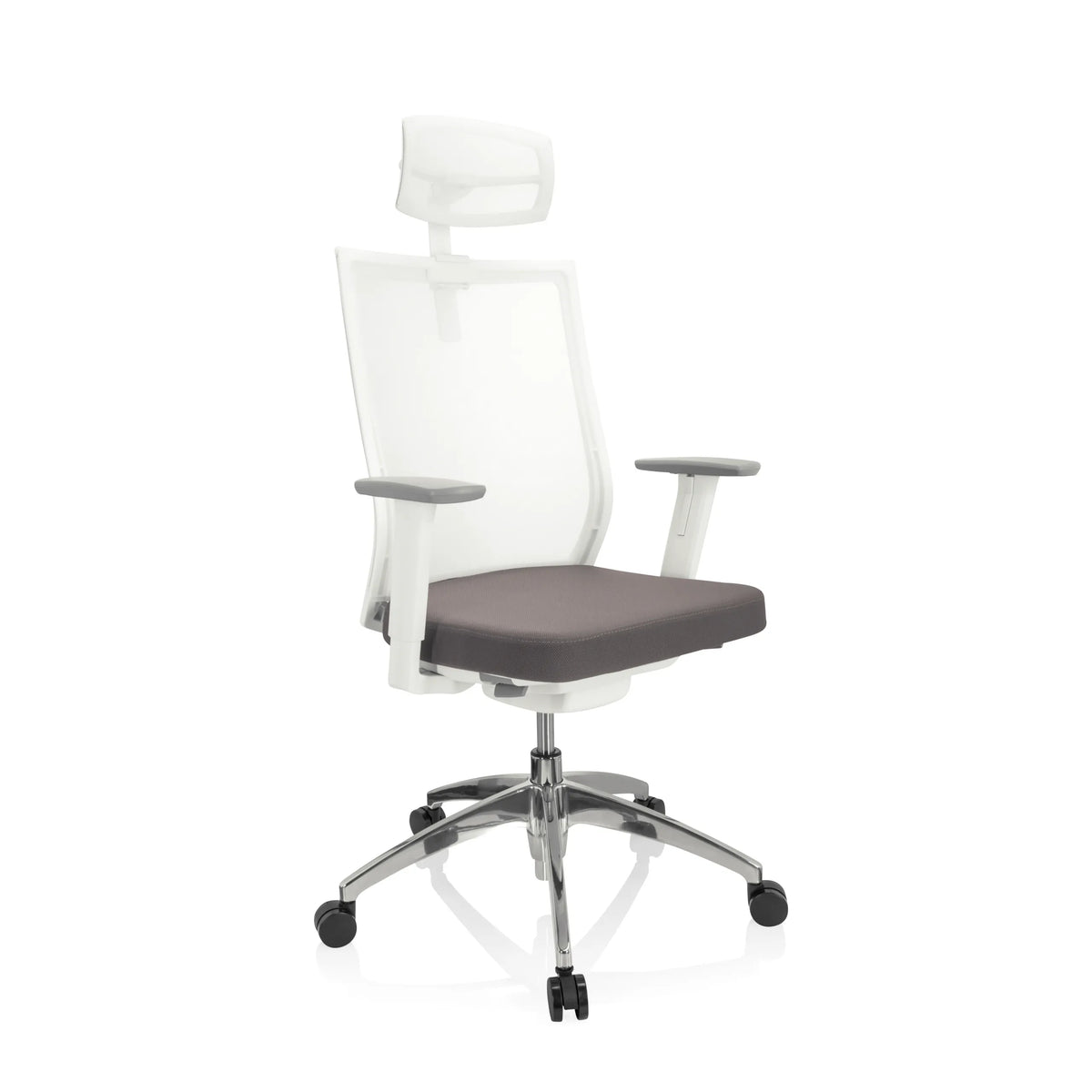 Gråvit Professionell kontorsstol ASPEN WHITE PRO med nätrygg, nackstöd och femstjärnigt fotkors med hjul från hjh OFFICE – 360-gradersvy (snett framifrån 40°)