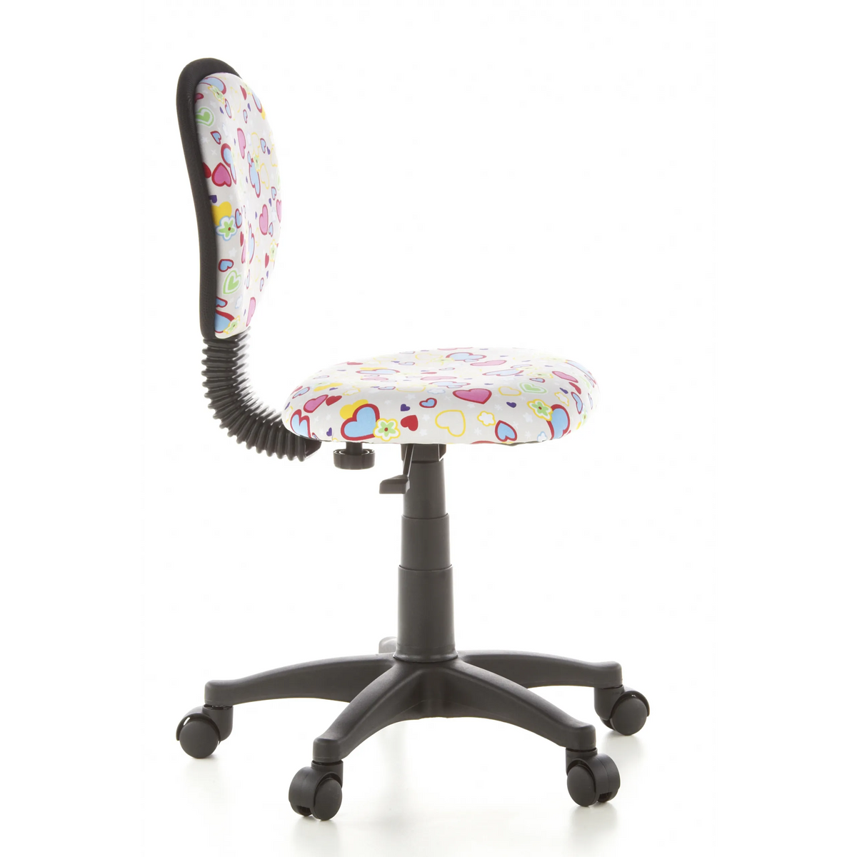 Snurrstol för barn KIDDY TOP med färgglatt hjärt- och blommönster samt femhjulig fotkorsbas från hjh OFFICE – 360-gradersvy (sidoprofil 80°)